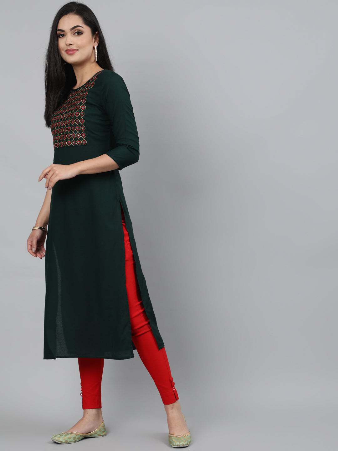 Rayon Mirror work 3/4 Sleeve Straight Round Neck Calf Length Kurta
