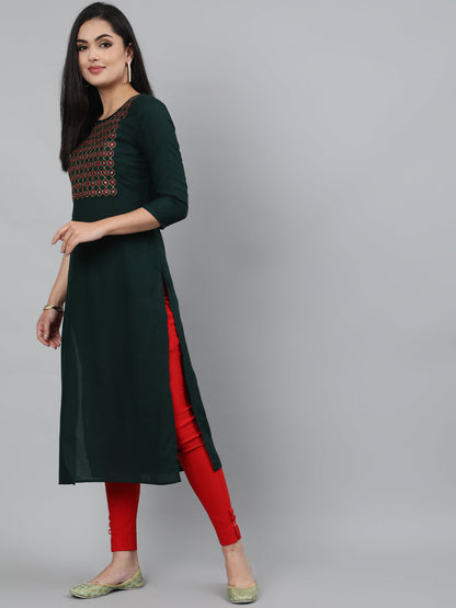 Rayon Mirror work 3/4 Sleeve Straight Round Neck Calf Length Kurta