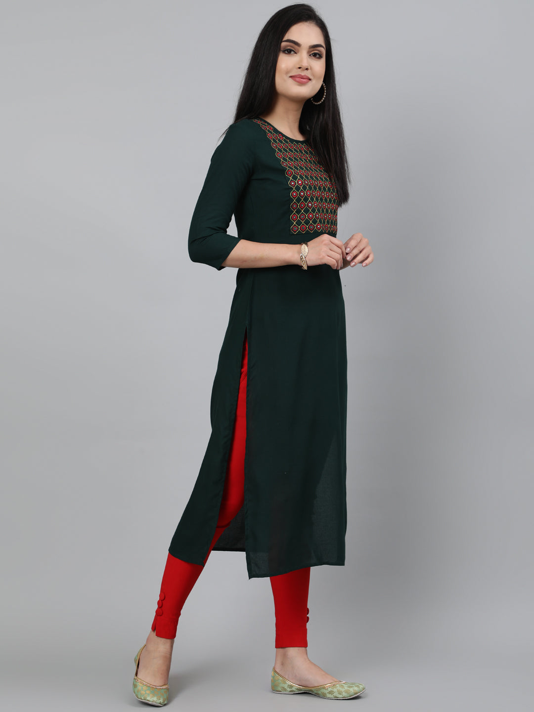 Rayon Mirror work 3/4 Sleeve Straight Round Neck Calf Length Kurta