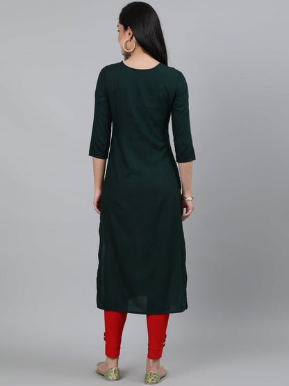 Rayon Mirror work 3/4 Sleeve Straight Round Neck Calf Length Kurta