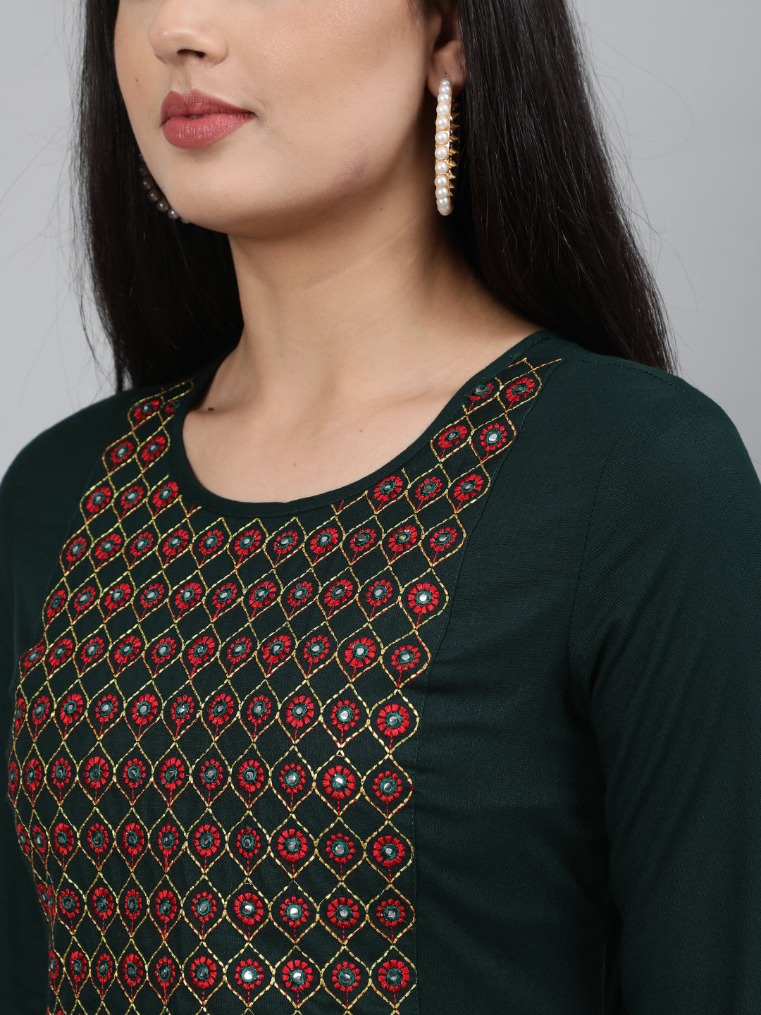 Rayon Mirror work 3/4 Sleeve Straight Round Neck Calf Length Kurta