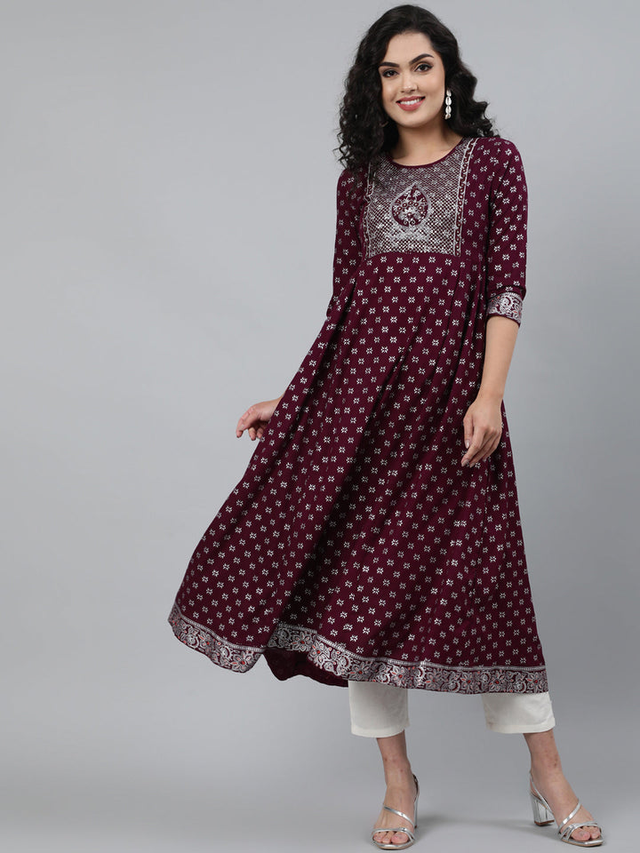 Rayon Embroidered (Sequence) 3/4 Sleeve Flared Round Neck Calf Length Kurta