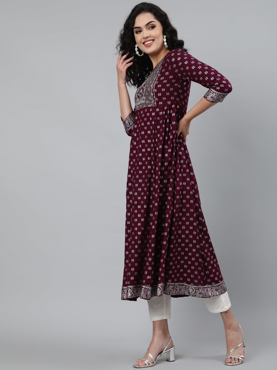 Rayon Embroidered (Sequence) 3/4 Sleeve Flared Round Neck Calf Length Kurta