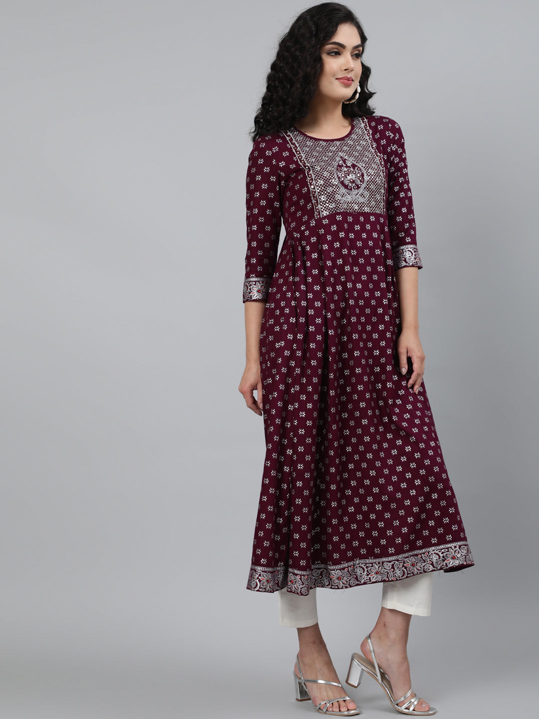 Rayon Embroidered (Sequence) 3/4 Sleeve Flared Round Neck Calf Length Kurta