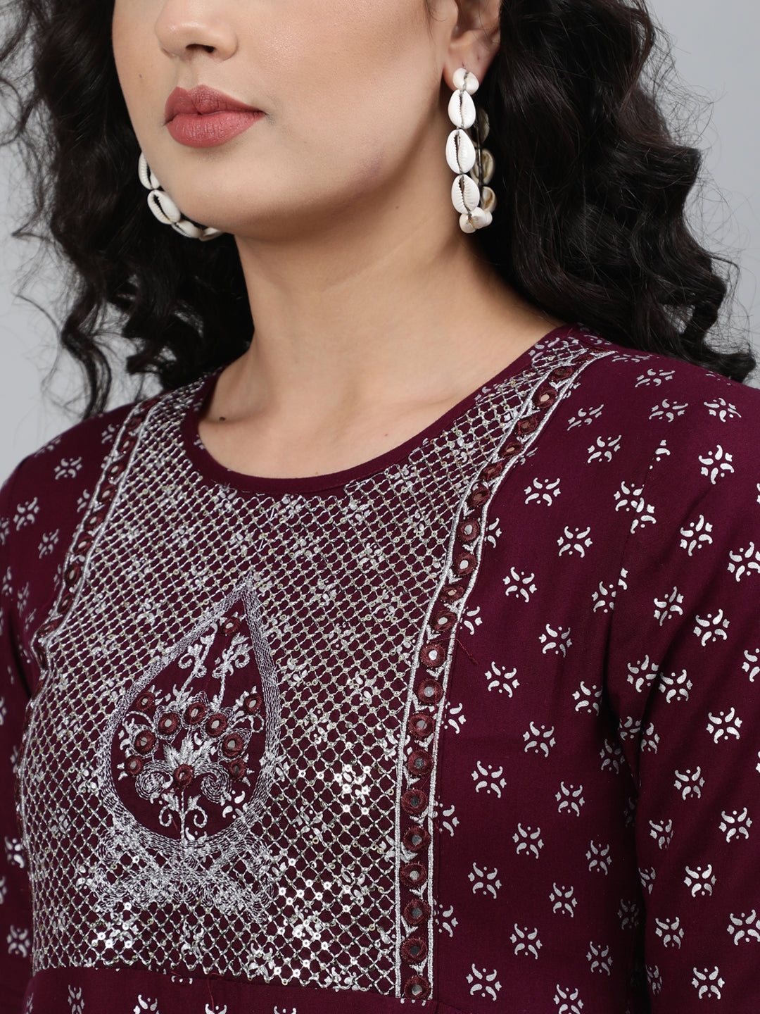 Rayon Embroidered (Sequence) 3/4 Sleeve Flared Round Neck Calf Length Kurta