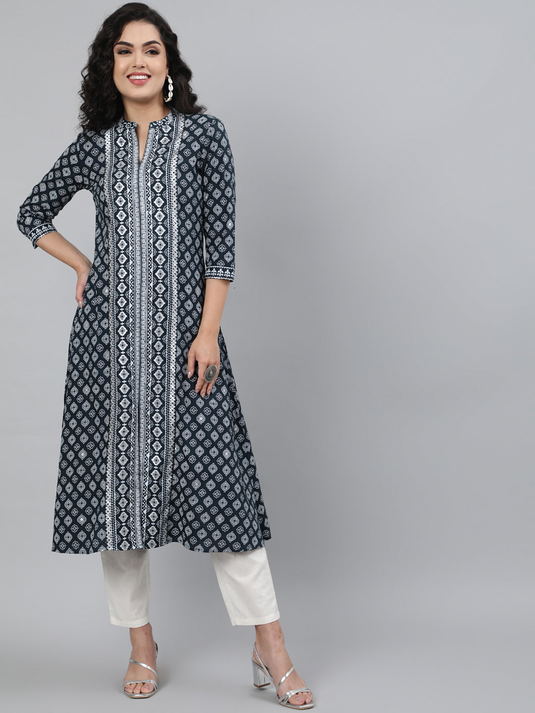 Rayon Printed 3/4 Sleeve A-Line Collar Neck Calf Length Kurta