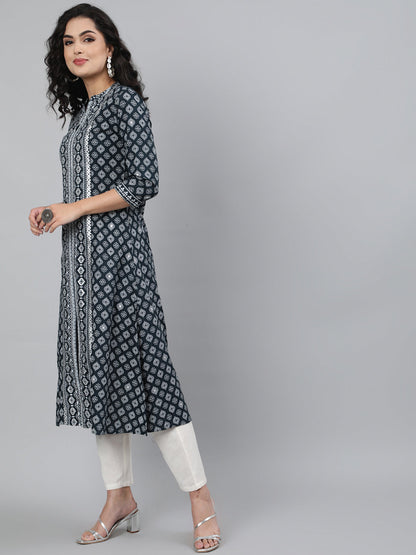Rayon Printed 3/4 Sleeve A-Line Collar Neck Calf Length Kurta