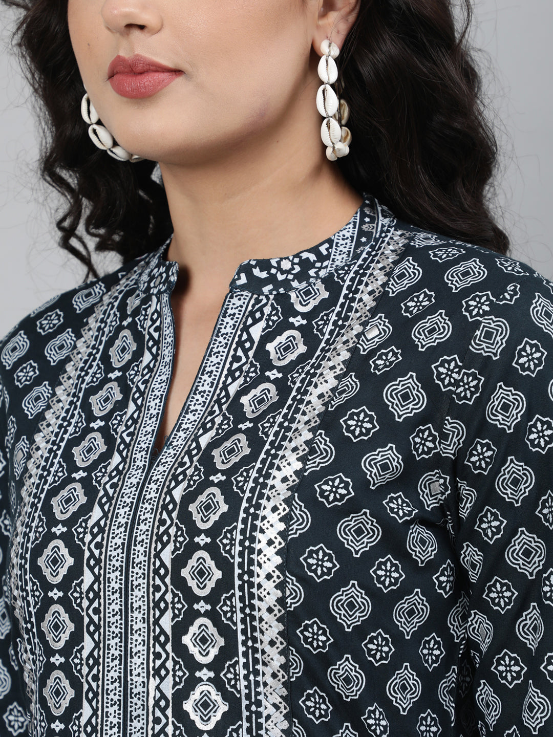 Rayon Printed 3/4 Sleeve A-Line Collar Neck Calf Length Kurta