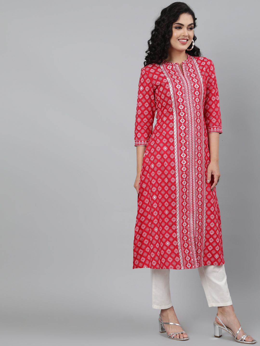 Rayon Printed 3/4 Sleeve A-Line Collar Neck Calf Length Kurta