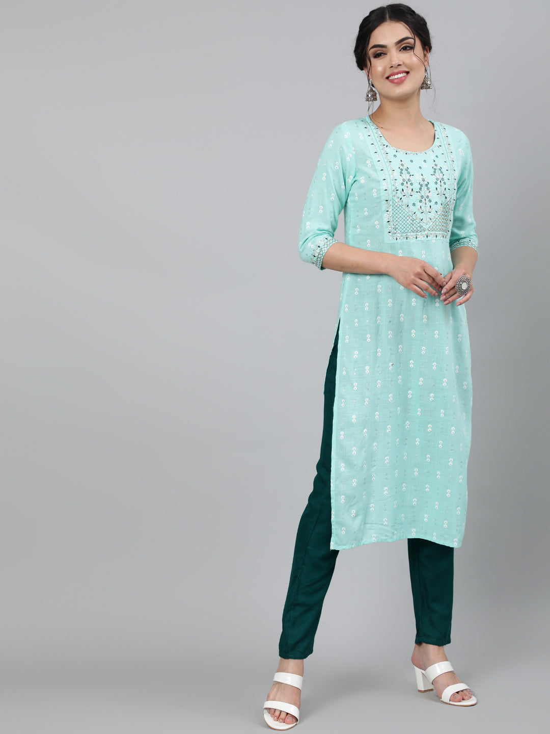 Rayon Slub Sequence 3/4 Sleeve Straight Round Neck Calf Length Kurta