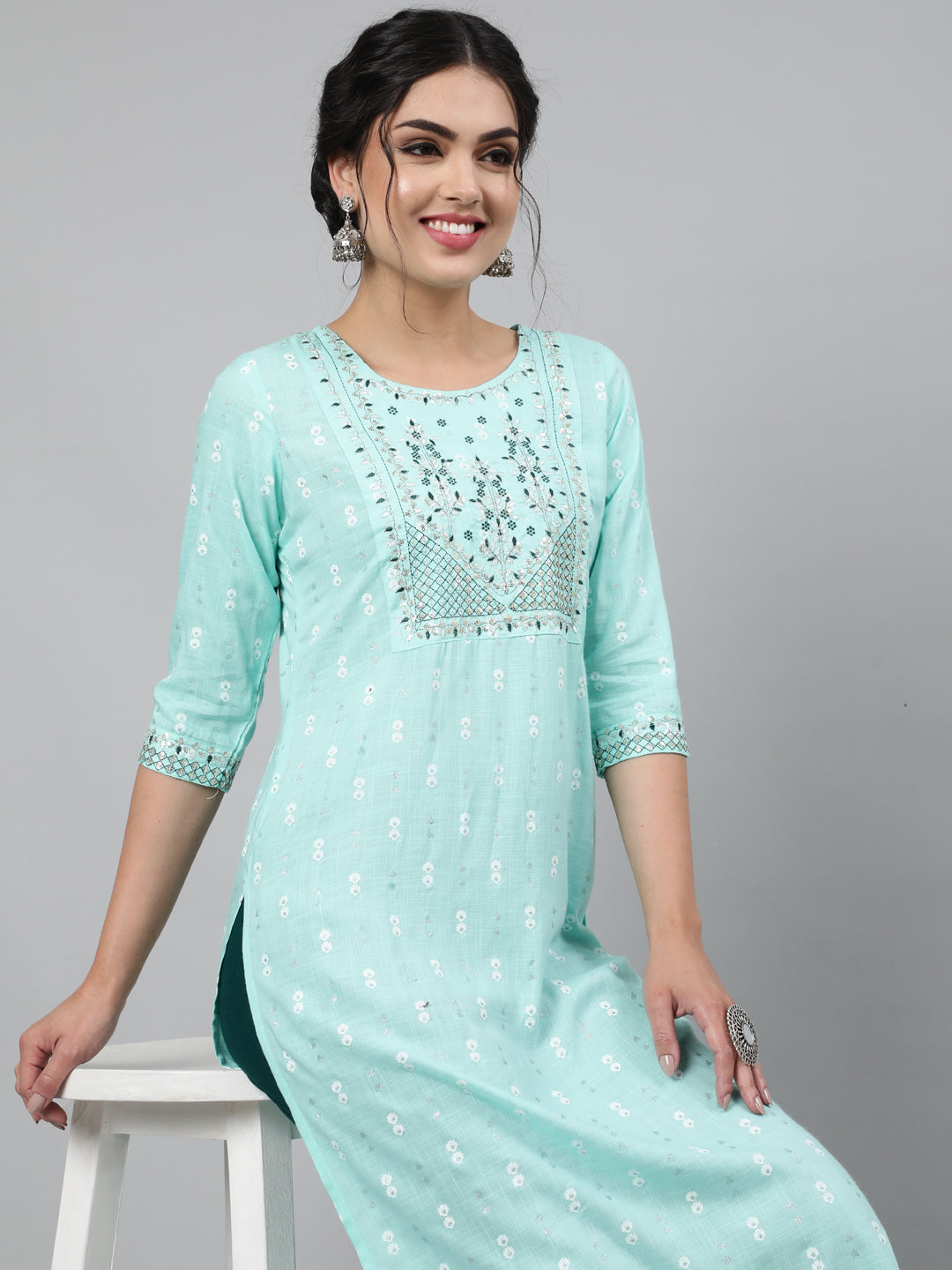 Rayon Slub Sequence 3/4 Sleeve Straight Round Neck Calf Length Kurta