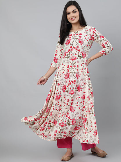 Cotton Printed 3/4 Sleeve Flared Collar Neck Calf Length Kurta