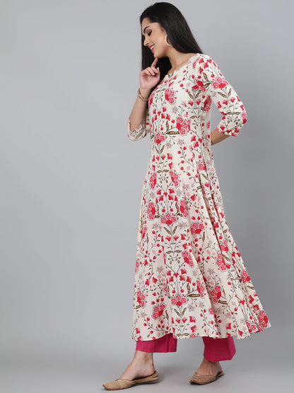 Cotton Printed 3/4 Sleeve Flared Collar Neck Calf Length Kurta