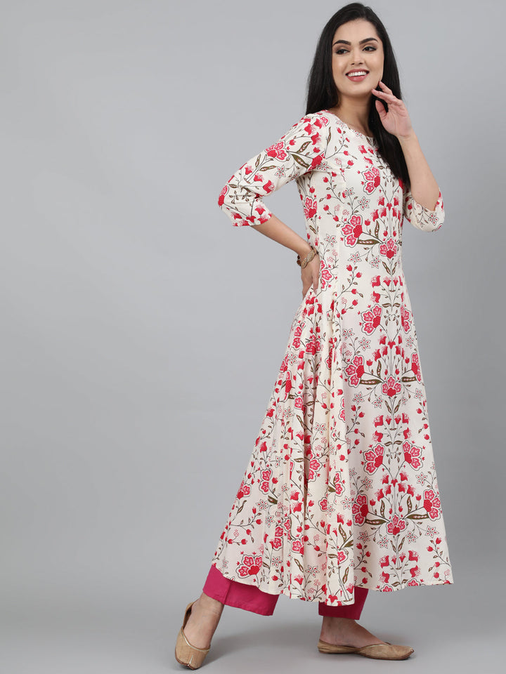 Cotton Printed 3/4 Sleeve Flared Collar Neck Calf Length Kurta