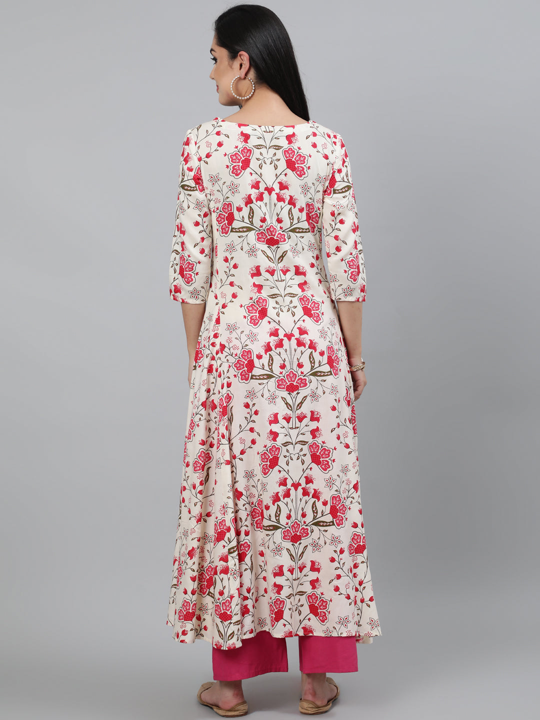 Cotton Printed 3/4 Sleeve Flared Collar Neck Calf Length Kurta