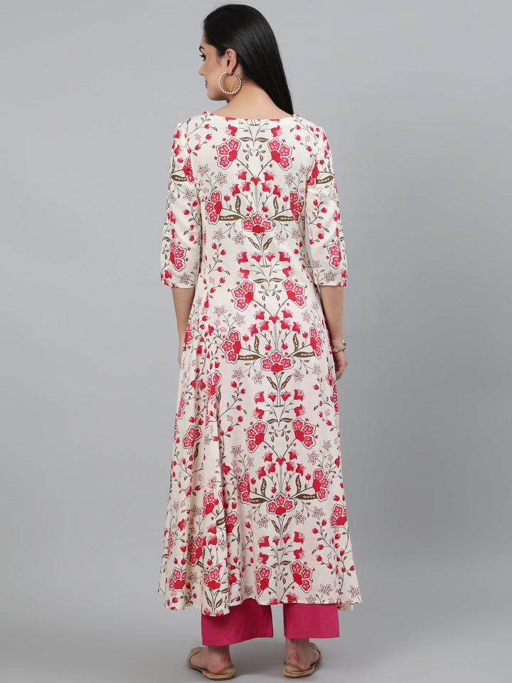 Cotton Printed 3/4 Sleeve Flared Collar Neck Calf Length Kurta