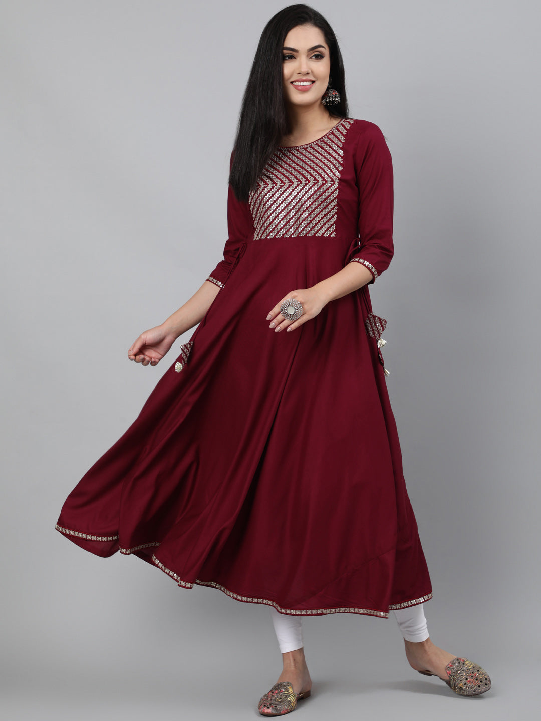 Rayon Sequence 3/4 Sleeve Flared Round Neck Calf Length Kurta