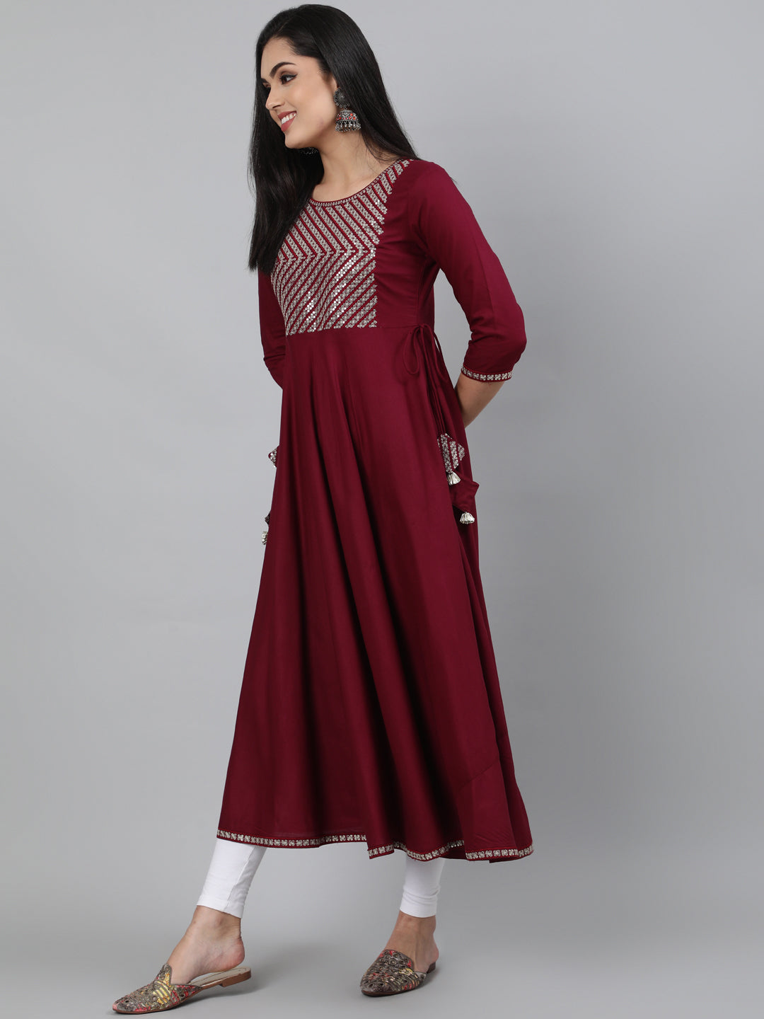 Rayon Sequence 3/4 Sleeve Flared Round Neck Calf Length Kurta