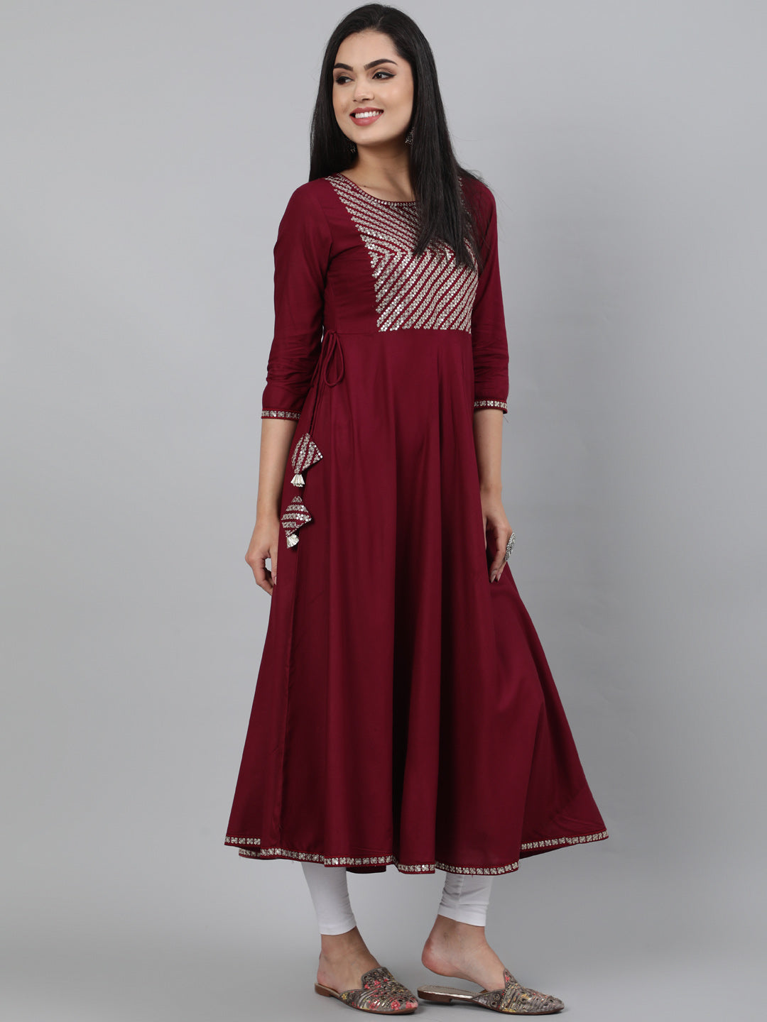 Rayon Sequence 3/4 Sleeve Flared Round Neck Calf Length Kurta