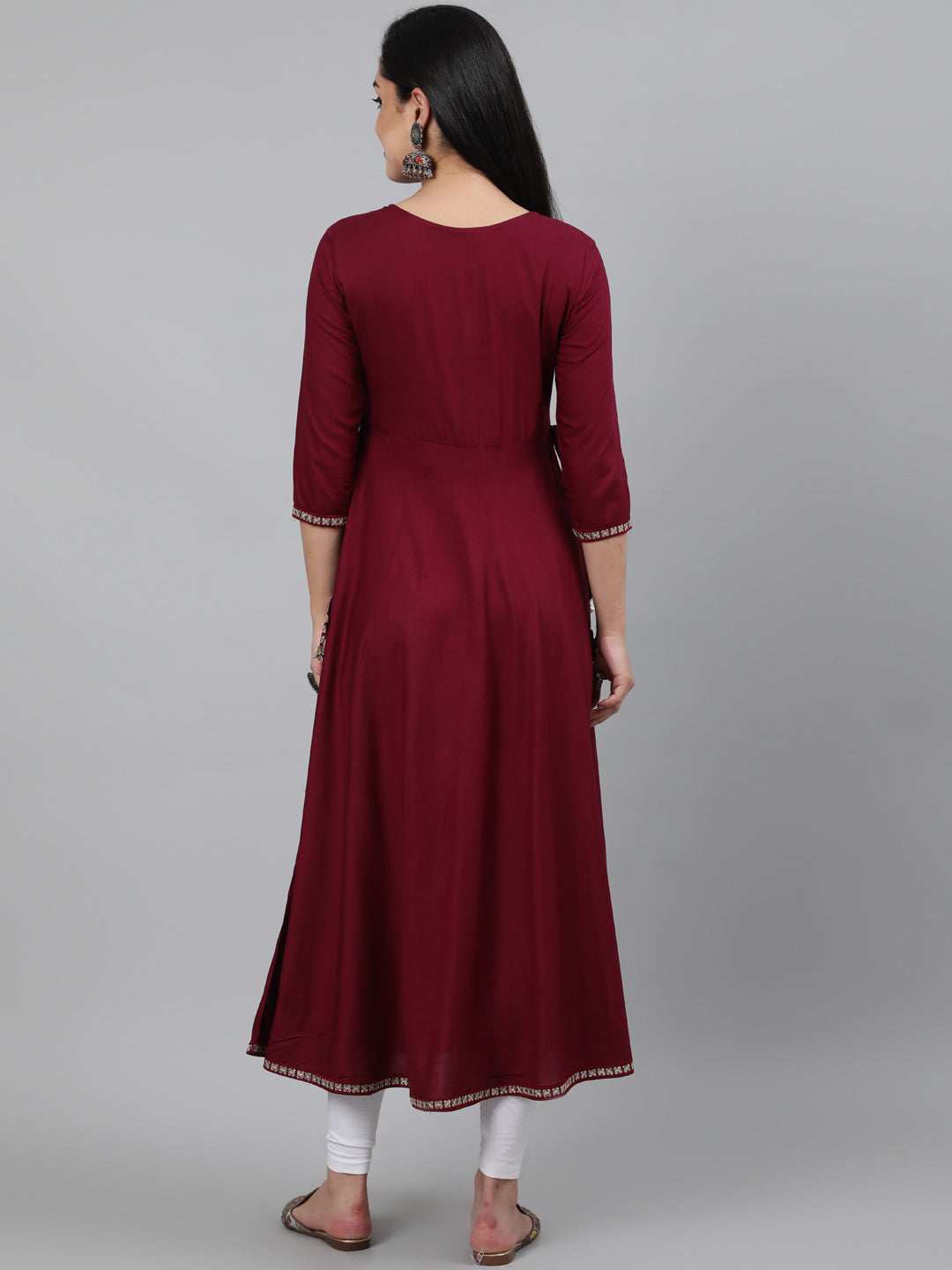 Rayon Sequence 3/4 Sleeve Flared Round Neck Calf Length Kurta