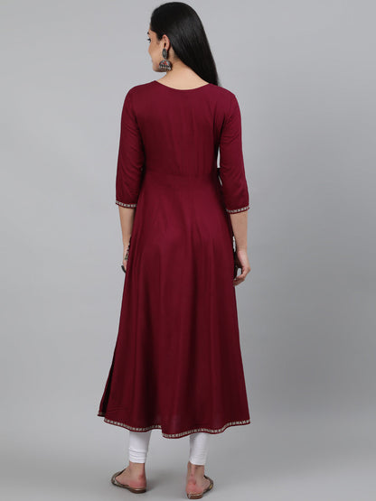 Rayon Sequence 3/4 Sleeve Flared Round Neck Calf Length Kurta