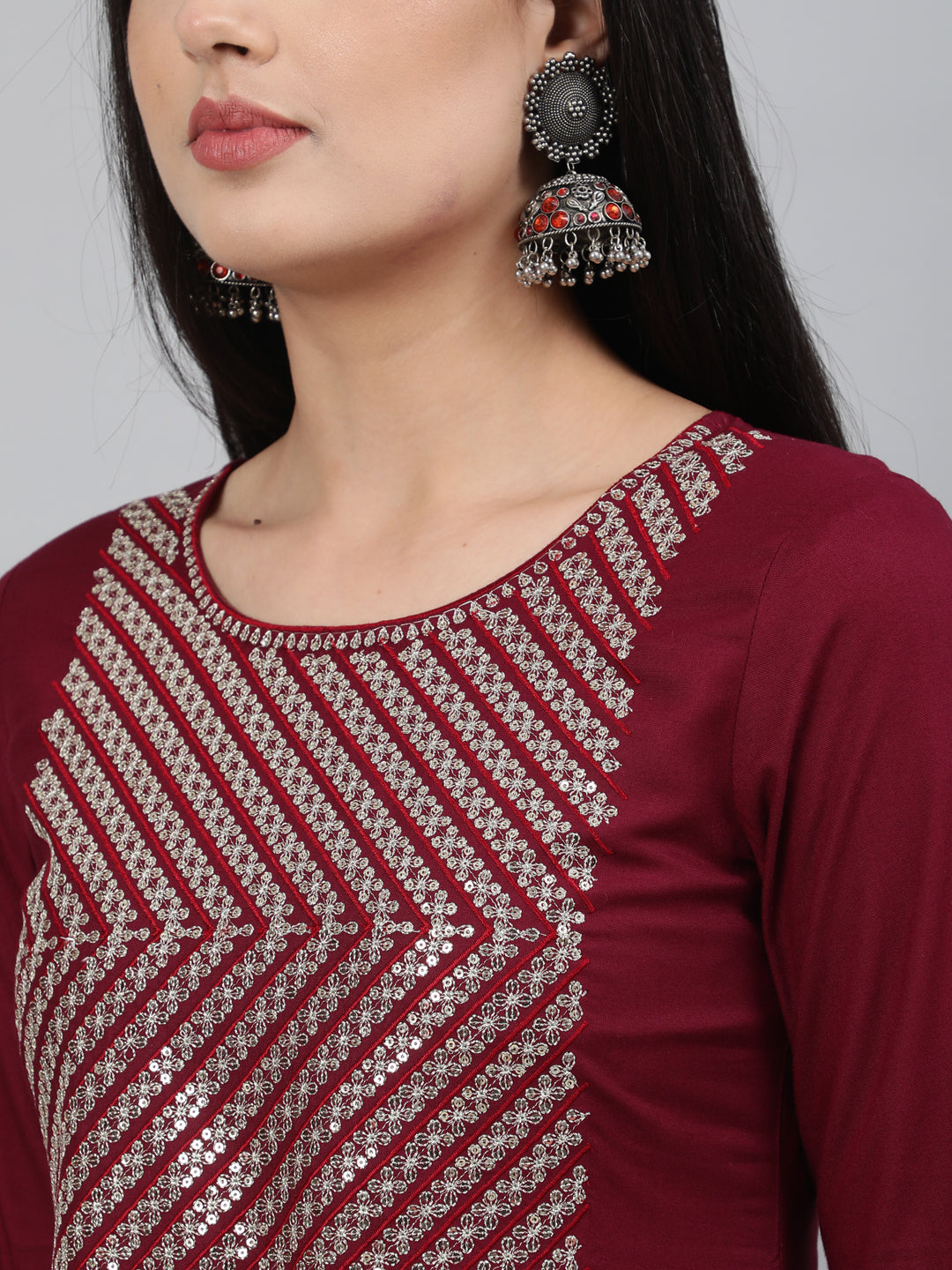 Rayon Sequence 3/4 Sleeve Flared Round Neck Calf Length Kurta