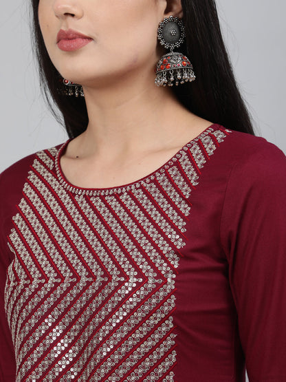 Rayon Sequence 3/4 Sleeve Flared Round Neck Calf Length Kurta