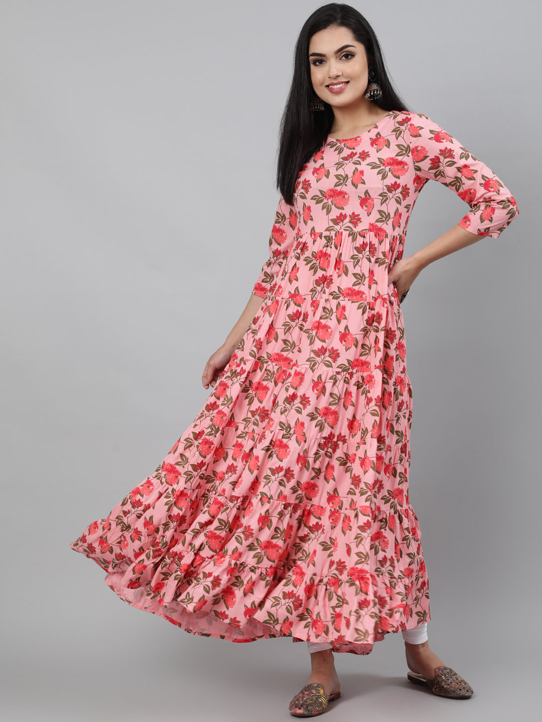 Rayon Printed 3/4 Sleeve Flared Round Neck Ankle Length Length Kurta