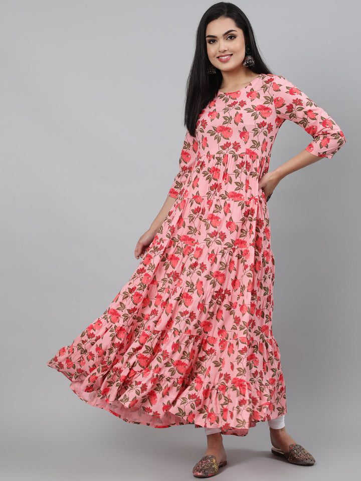 Rayon Printed 3/4 Sleeve Flared Round Neck Ankle Length Length Kurta