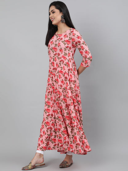 Rayon Printed 3/4 Sleeve Flared Round Neck Ankle Length Length Kurta