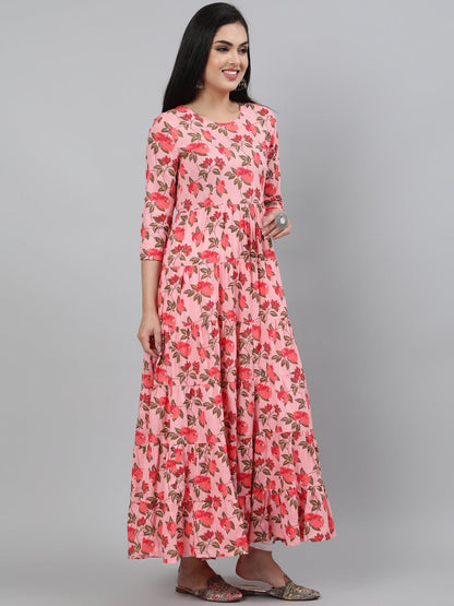 Rayon Printed 3/4 Sleeve Flared Round Neck Ankle Length Length Kurta