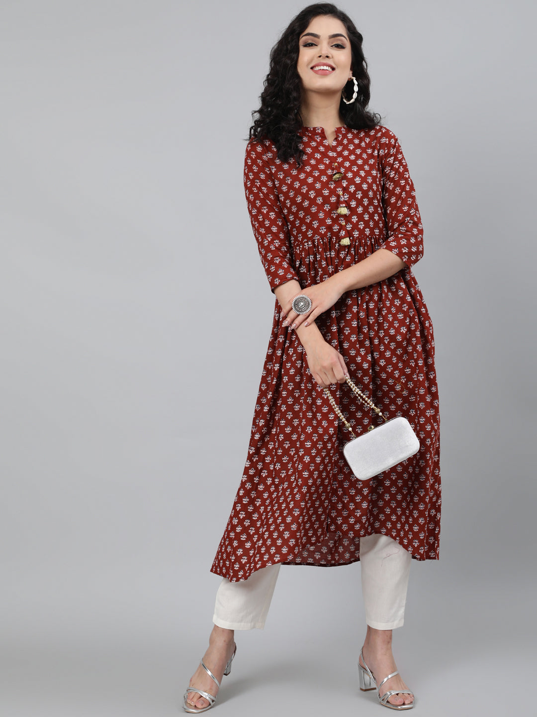 Cotton Printed 3/4 Sleeve Flared Collar Neck Calf Length Kurta