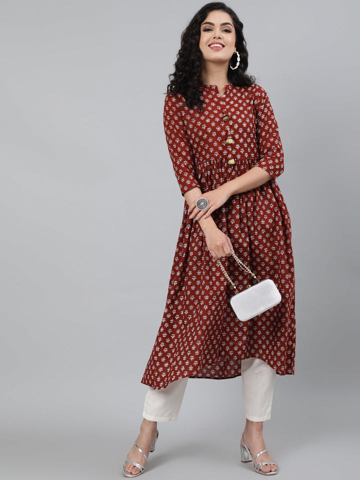 Cotton Printed 3/4 Sleeve Flared Collar Neck Calf Length Kurta