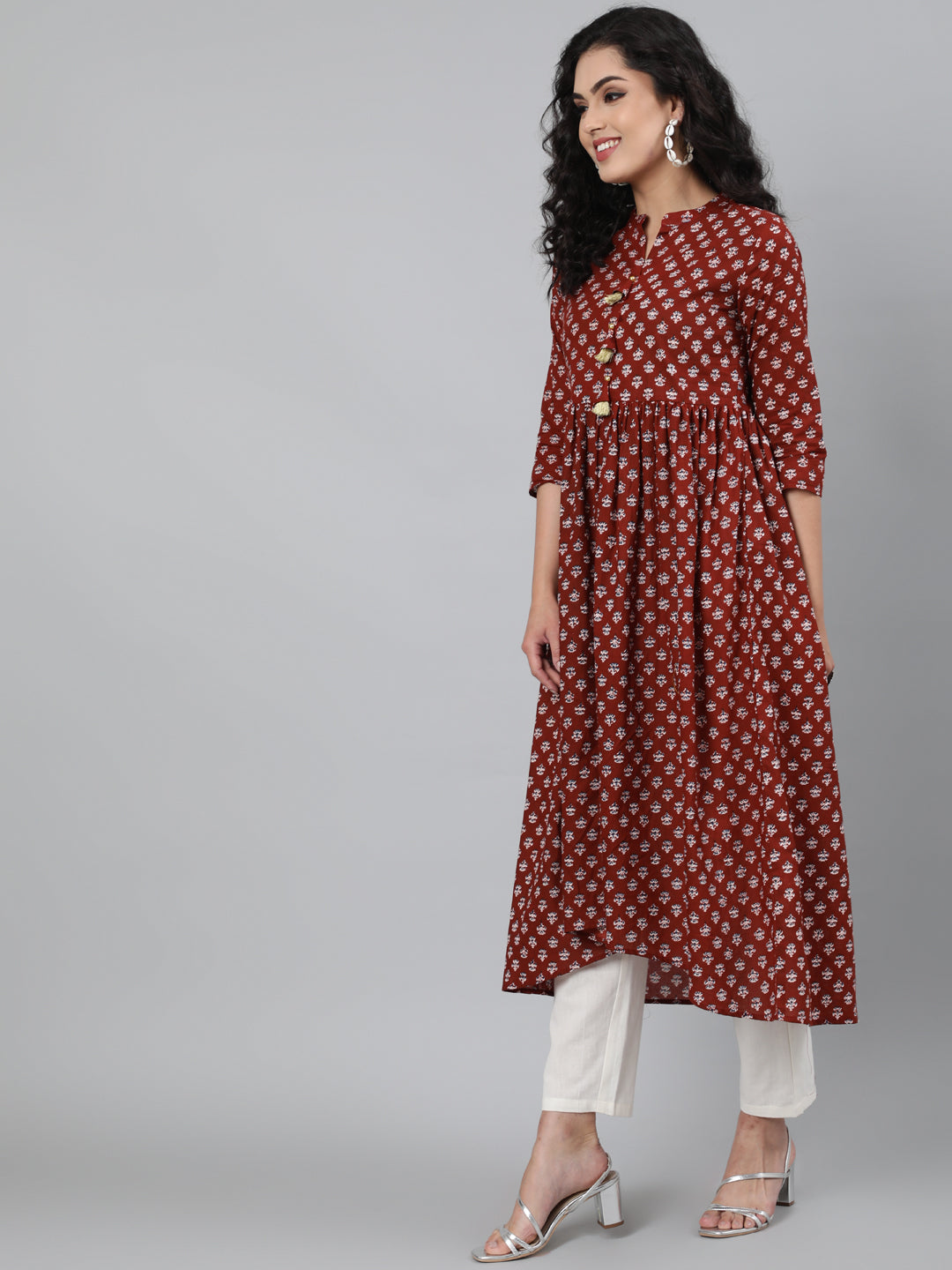 Cotton Printed 3/4 Sleeve Flared Collar Neck Calf Length Kurta