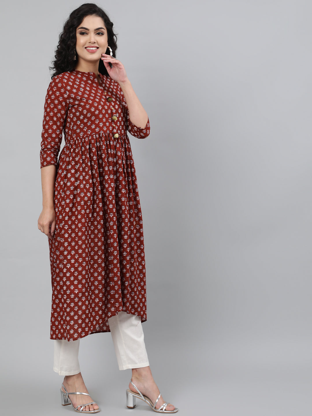 Cotton Printed 3/4 Sleeve Flared Collar Neck Calf Length Kurta