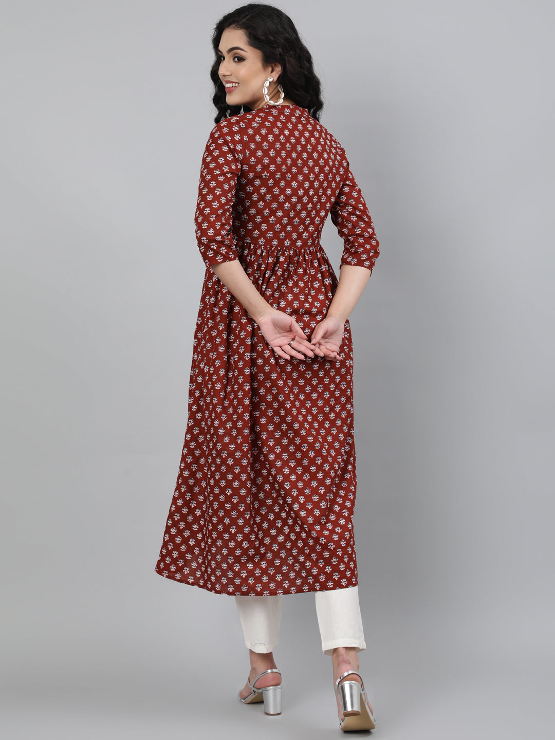 Cotton Printed 3/4 Sleeve Flared Collar Neck Calf Length Kurta