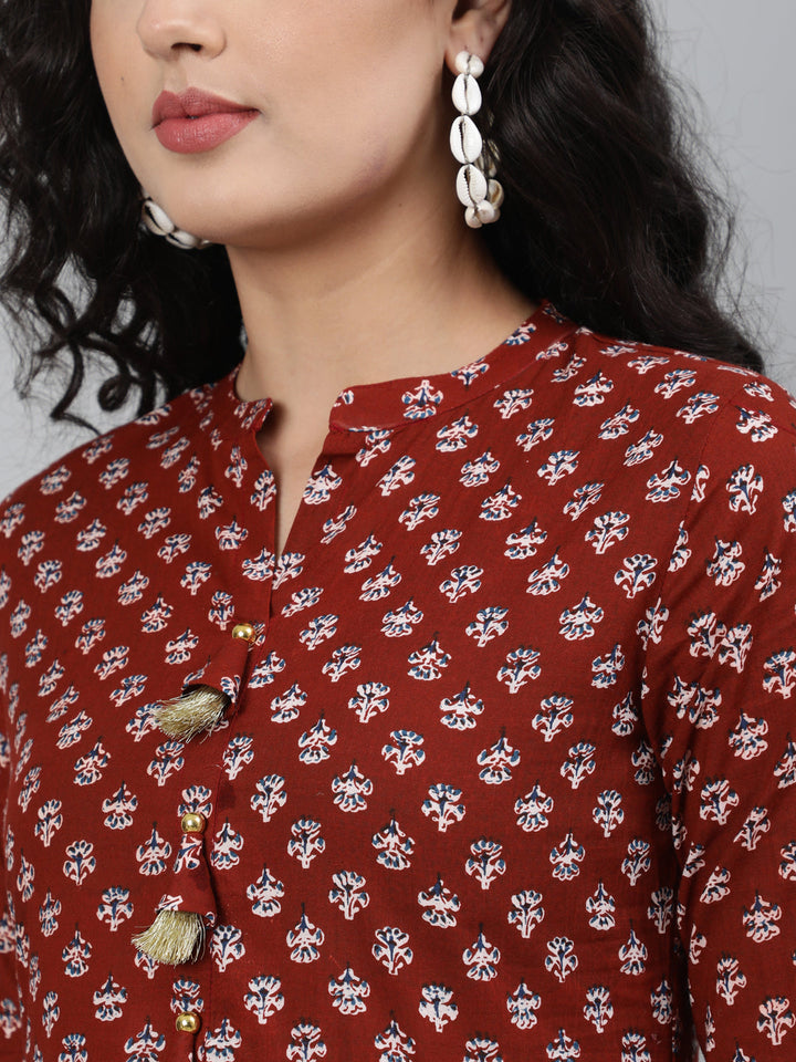 Cotton Printed 3/4 Sleeve Flared Collar Neck Calf Length Kurta