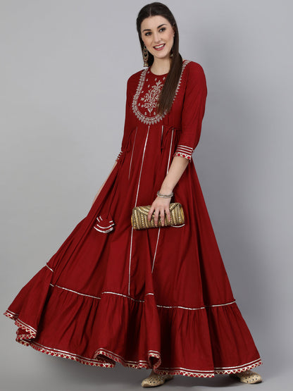 Cotton Zari Work Flared 3/4 Sleeve Round Neck Full length Kurta