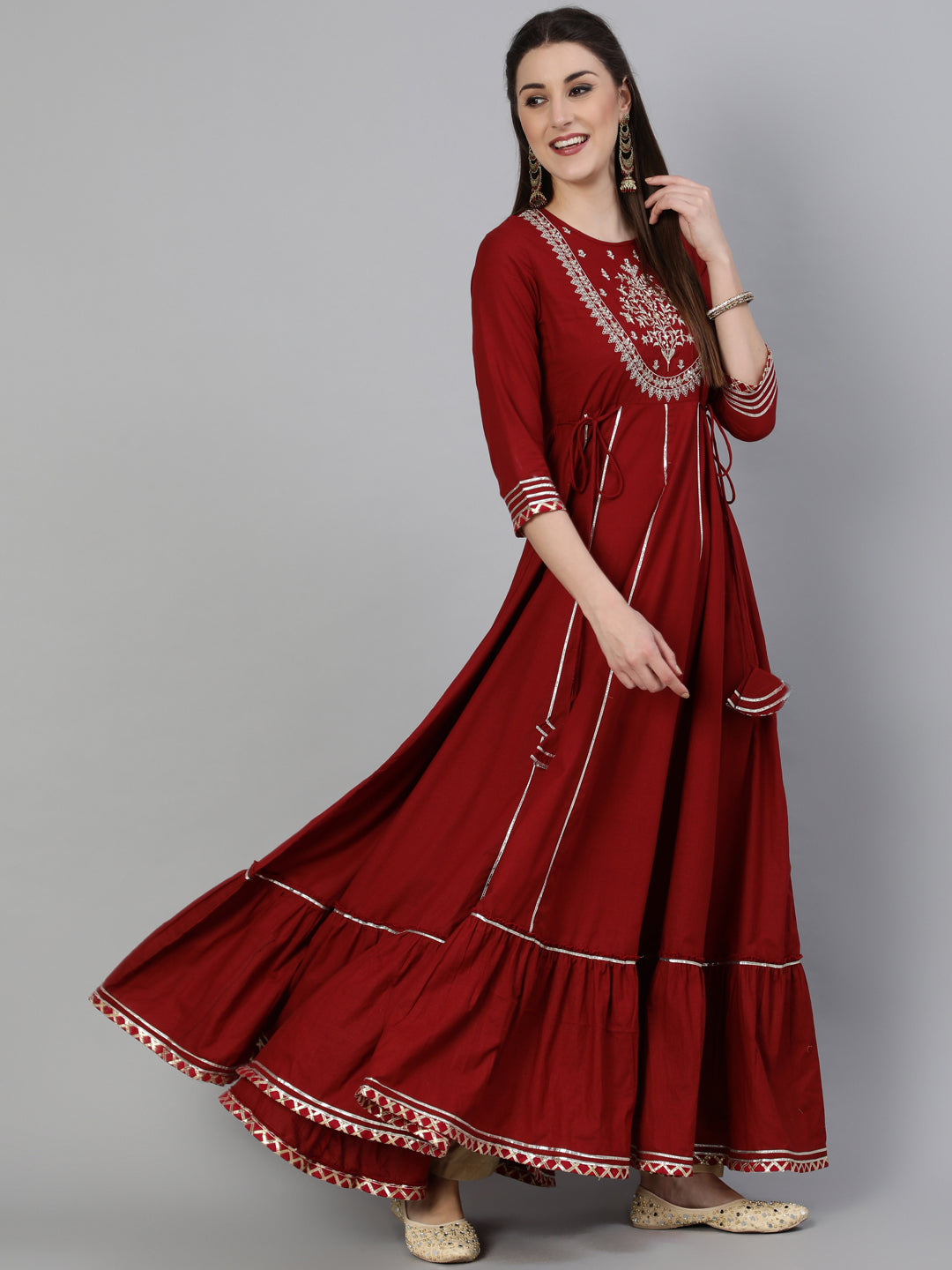 Cotton Zari Work Flared 3/4 Sleeve Round Neck Full length Kurta