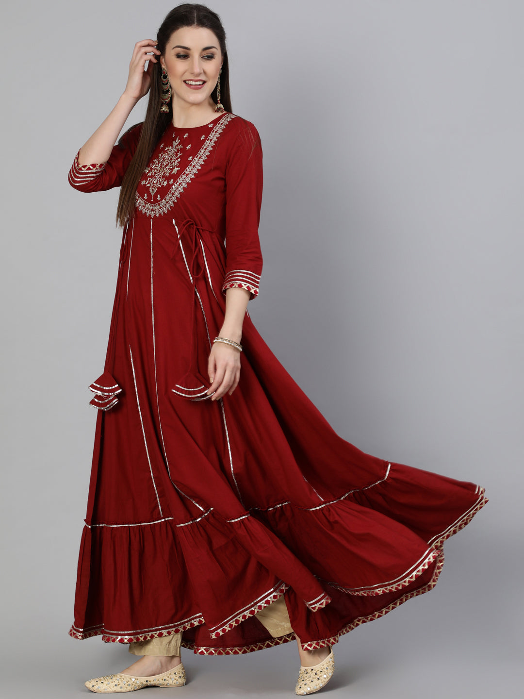 Cotton Zari Work Flared 3/4 Sleeve Round Neck Full length Kurta