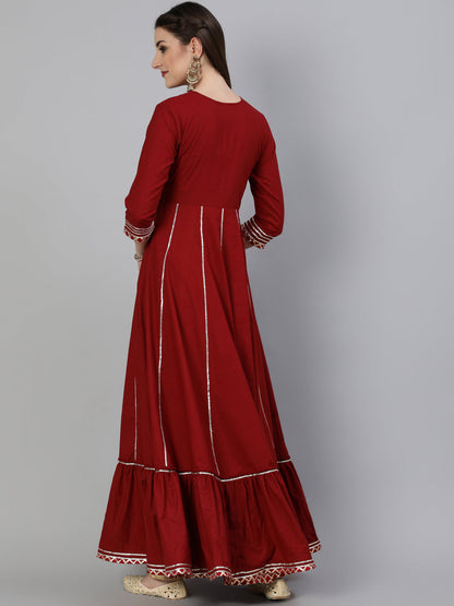 Cotton Zari Work Flared 3/4 Sleeve Round Neck Full length Kurta