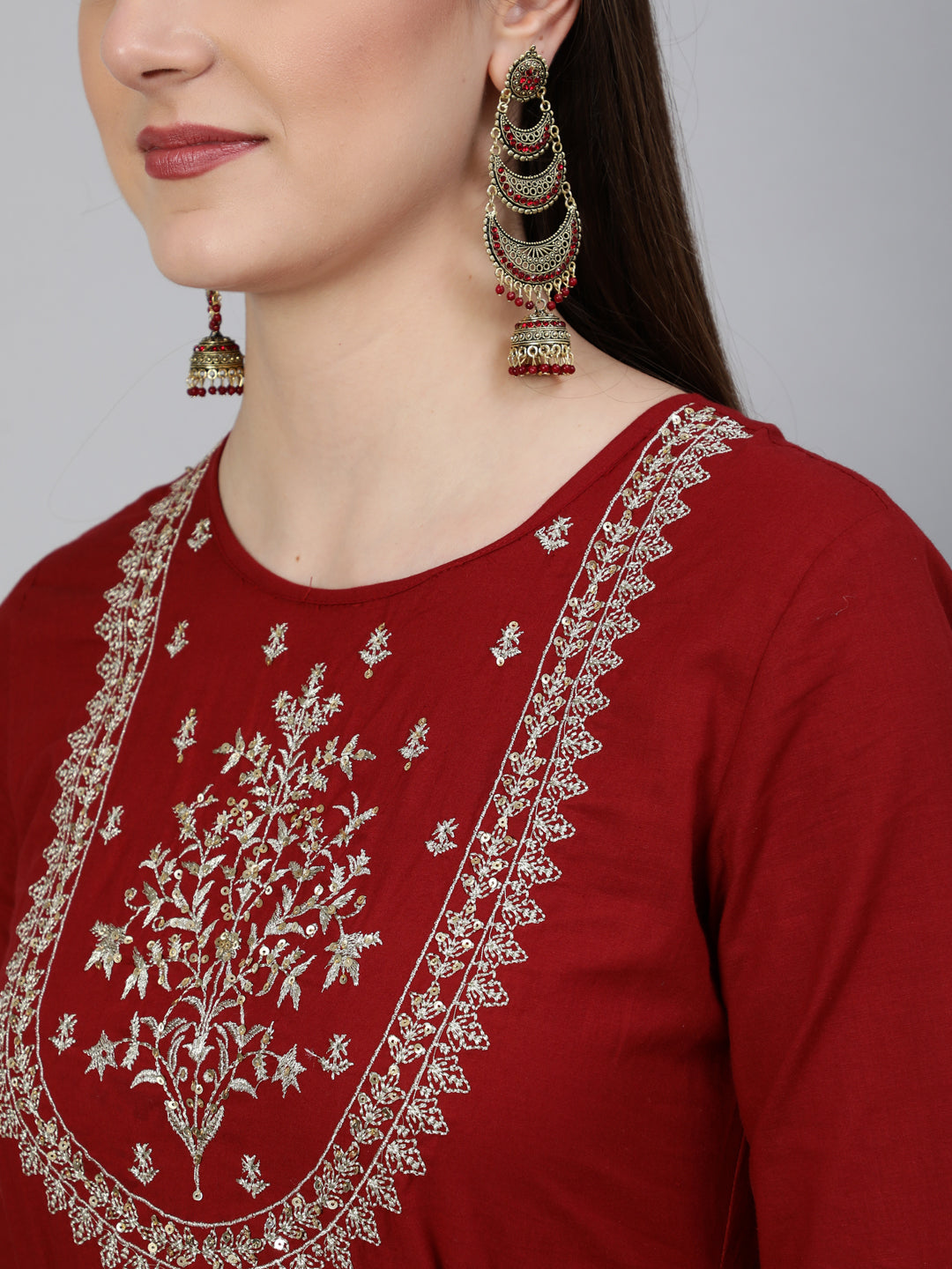 Cotton Zari Work Flared 3/4 Sleeve Round Neck Full length Kurta