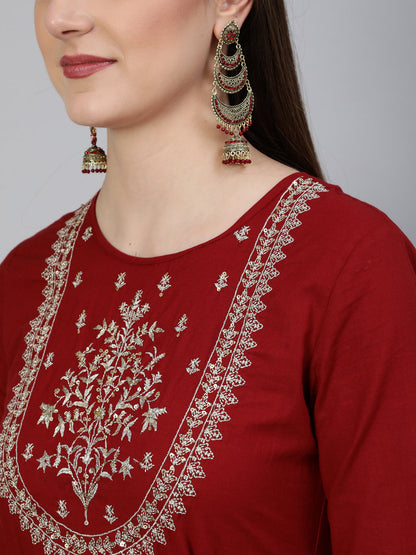 Cotton Zari Work Flared 3/4 Sleeve Round Neck Full length Kurta