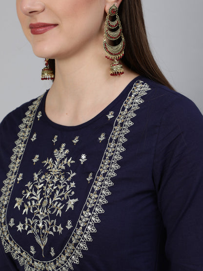 Cotton Zari Work Flared 3/4 Sleeve Round Neck Full length Kurta