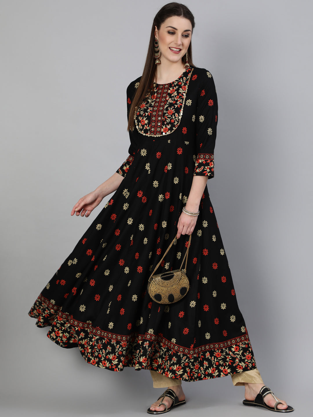 Rayon  Printed Flared 3/4 Sleeve Round Neck Ankle Length Kurta