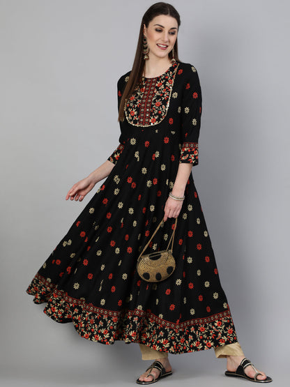 Rayon  Printed Flared 3/4 Sleeve Round Neck Ankle Length Kurta