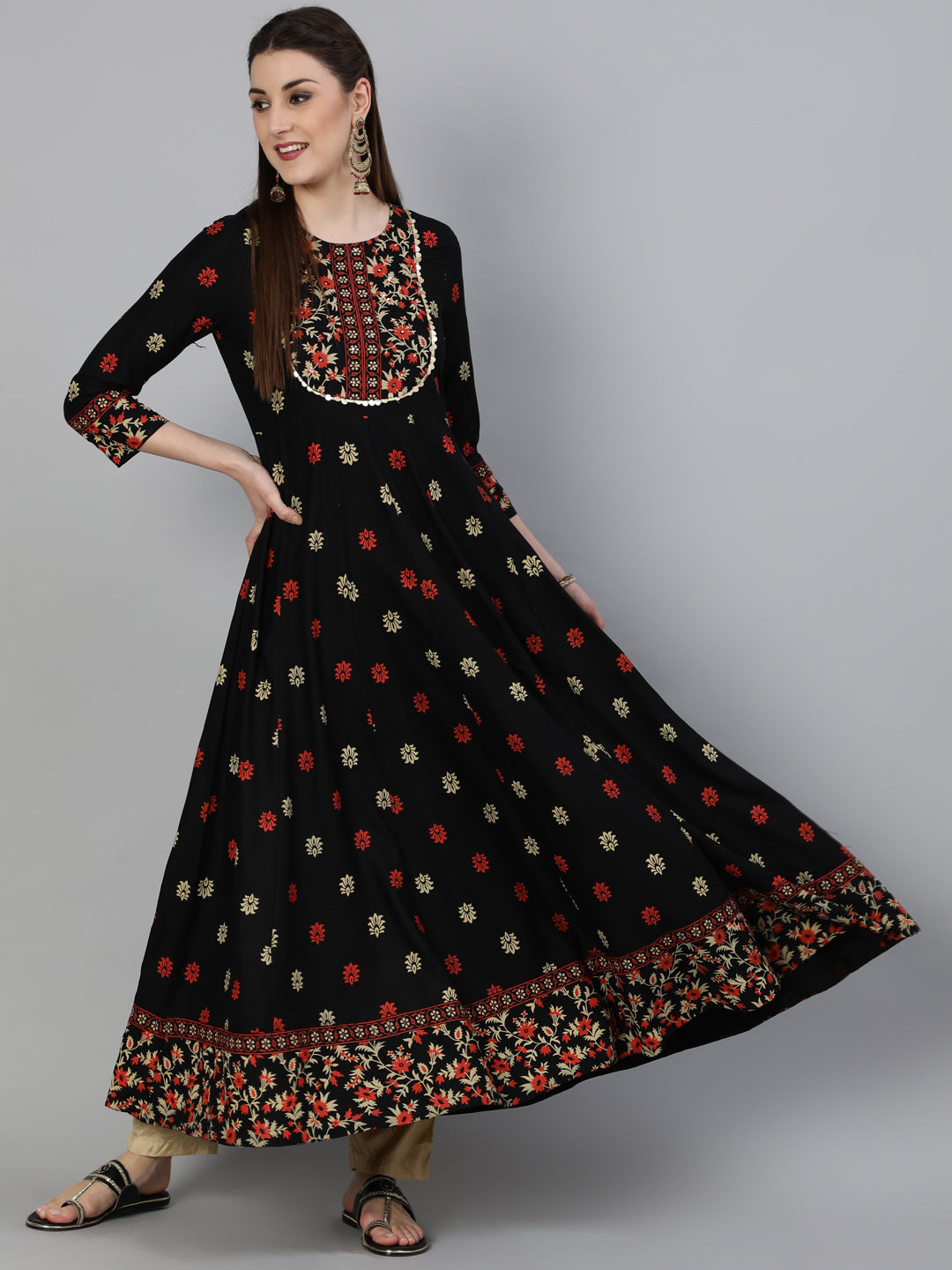 Rayon  Printed Flared 3/4 Sleeve Round Neck Ankle Length Kurta