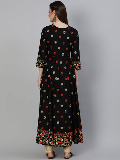 Rayon  Printed Flared 3/4 Sleeve Round Neck Ankle Length Kurta
