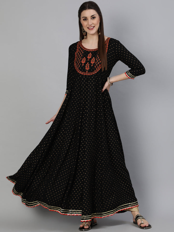 Rayon  Foil Printed Flared 3/4 Sleeve Round Neck Ankle Length Kurta