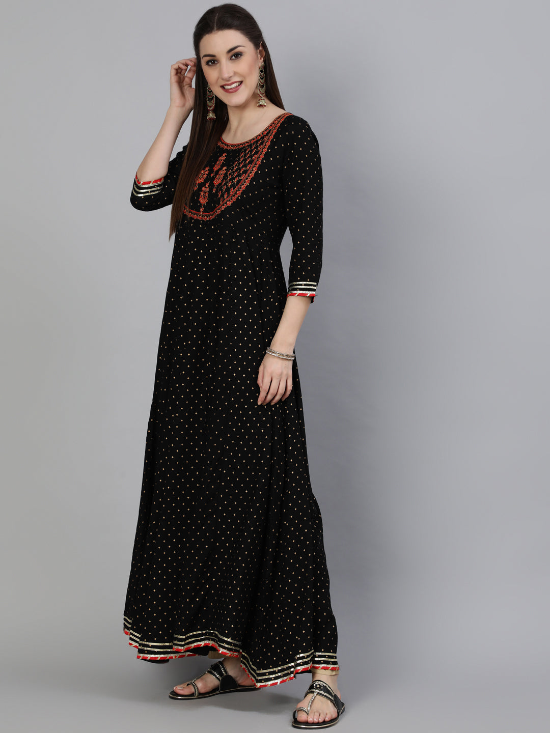 Rayon  Foil Printed Flared 3/4 Sleeve Round Neck Ankle Length Kurta